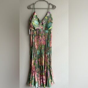 Astr Green and Pink Pleated Midi Sundress